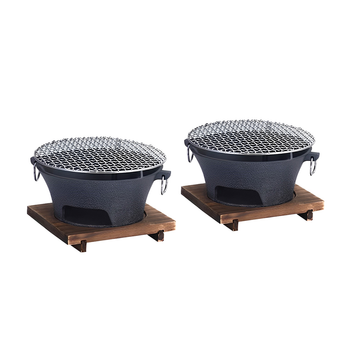 2X Large Cast Iron Round Stove Charcoal Table Net Grill Japanese Style BBQ Picnic Camping with Wooden Board image