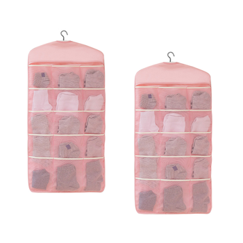 2X Pink Double Sided Hanging Storage Bag Underwear Bra Socks Mesh Pocket Hanger Home Organiser image