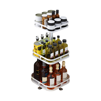 3 Tier Steel White Square Rotating Multi-Function Kitchen Portable Storage Spice Seasoning Kitchen Countertop Organiser Shelf image