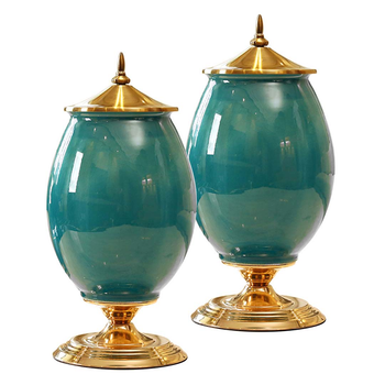 2X 40cm Ceramic Oval Flower Vase with Gold Metal Base Green image