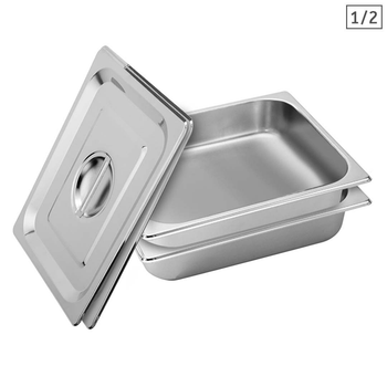 2X Gastronorm GN Pan Full Size 1/2 GN Pan 6.5cm Deep Stainless Steel Tray With Lid image