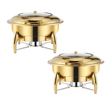 2X Gold Plated Stainless Steel Round Chafing Dish Tray Buffet Cater Food Warmer Chafer with Top Lid image