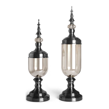 2X Clear Glass Flower Vase with Lid and Transparent Filler Vase Black Set image