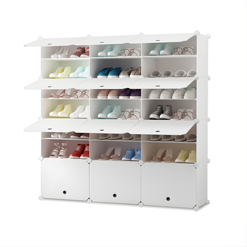7 Tier 3 Column White Shoe Rack Organizer Sneaker Footwear Storage Stackable Stand Cabinet Portable Wardrobe with Cover image