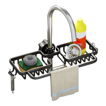 Black Kitchen Sink Organiser Faucet Soap Sponge Caddy Rack Drainer with Towel Bar Holder image