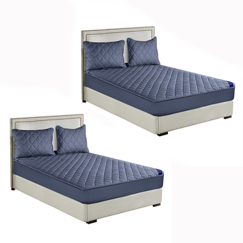 2X Blue 138cm Wide Cross-Hatch Mattress Cover Thick Quilted Stretchable Bed Spread Sheet Protector with Pillow Covers image