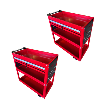 2X 3 Tier Tool Storage Cart Portable Service Utility Heavy Duty Mobile Trolley with Drawer and Hooks Red image
