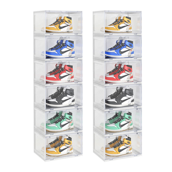 2X 6 Tier Transparent Portable Shoe Organiser Sneaker Footwear Folding Plastic Bin Stackable Storage Box with Magnetic Door image