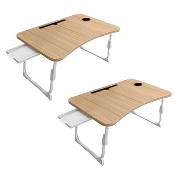 2X Oak Portable Bed Table Adjustable Folding Mini Desk Stand With Cup-Holder Home Decor image