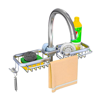 Silver Kitchen Sink Organiser Faucet Soap Sponge Caddy Rack Drainer with Towel Bar Holder image