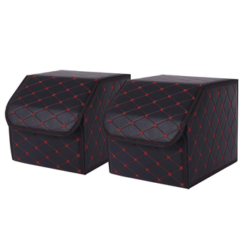 2X Leather Car Boot Collapsible Foldable Trunk Cargo Organizer Portable Storage Box Black/Red Stitch Small image