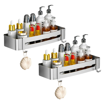 2X Silver Wall-Mounted Rectangular Bathroom Storage Organiser Space Saving Adhesive Shelf Rack with Hooks image