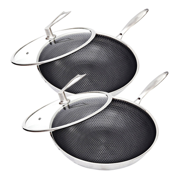 2X 32cm Stainless Steel Tri-Ply Frying Cooking Fry Pan Textured Non Stick Interior Skillet with Glass Lid image