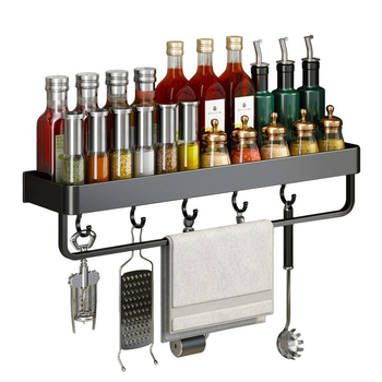 52cm Black Wall-Mounted Rectangular Kitchen Spice Storage Organiser Space Saving Condiments Shelf Rack with Hooks image