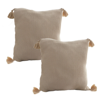 2X 45cm Off-White Wabi-Sabi Raised Pillow Cotton Striped Large Tassel Square Pillow Throw Pillow image