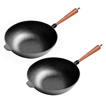 2X 31cm Commercial Cast Iron Wok Round Bottom FryPan Home Cooking Skillet image