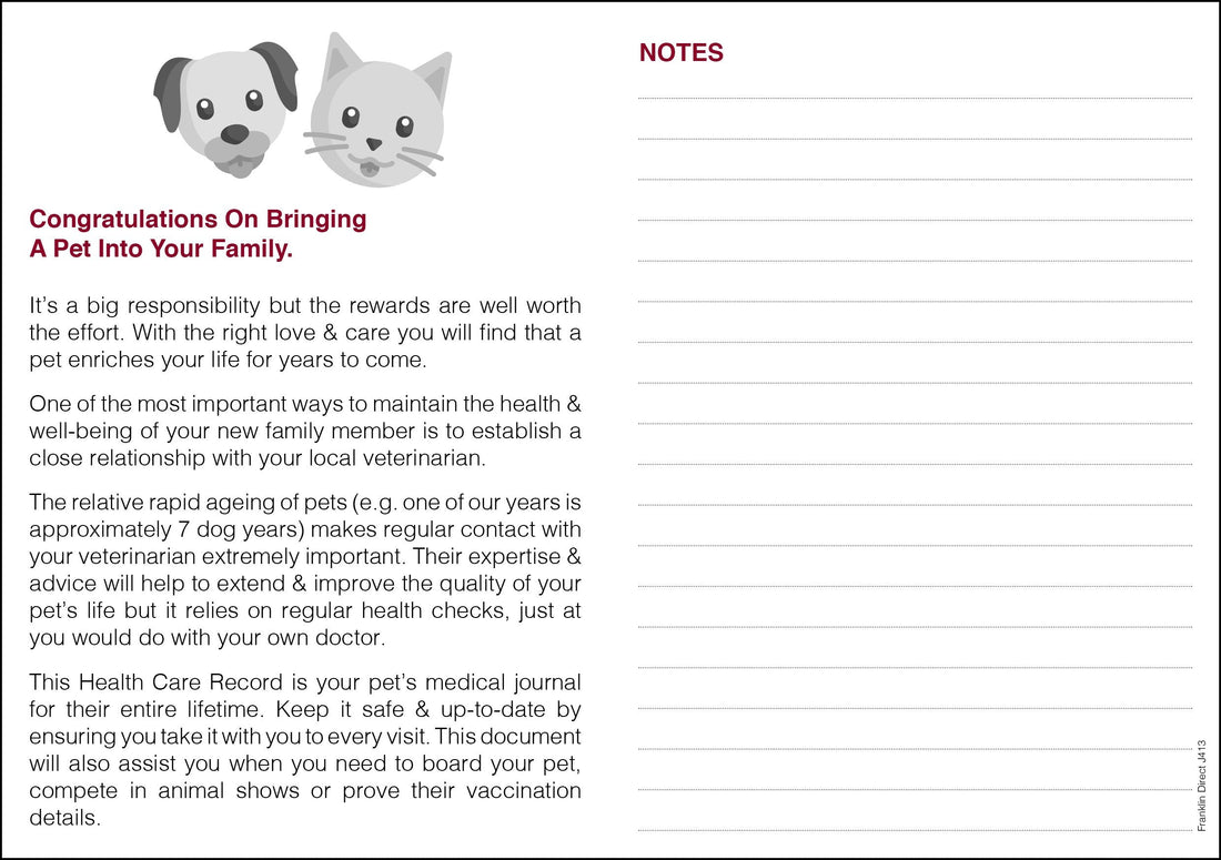 Brighton Vet A6 Healthcare Record Booklet